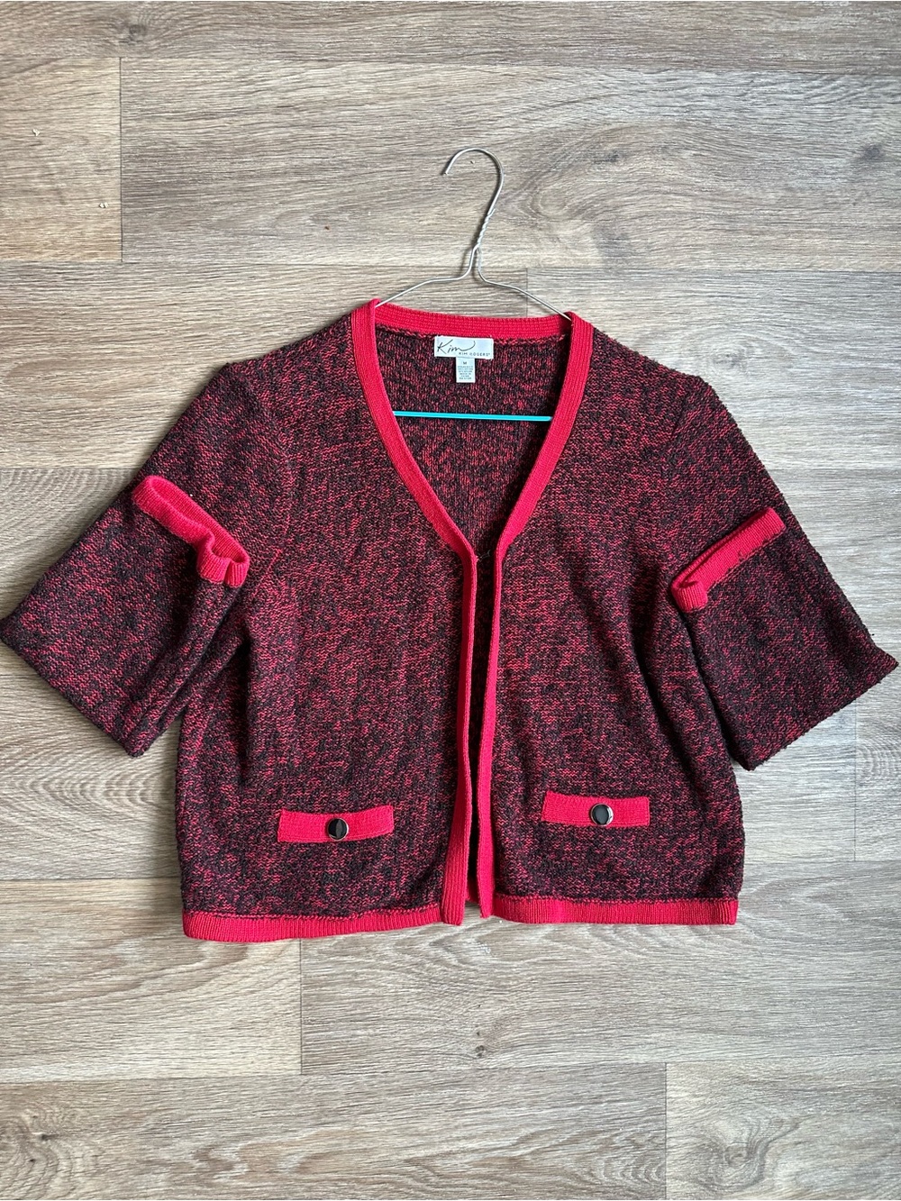 Kim Rogers Red Black Marled Knit Short Sleeve Open Front Cardigan Sweater Size M